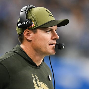 Nov 2, 2025; Detroit, Michigan, USA; Minnesota Vikings head coach Kevin O'Connell looks on during the first quarter against the Detroit Lions at Ford Field.