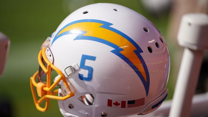 Oct 22, 2023; Kansas City, Missouri, USA; A general view of a Los Angeles Chargers helmet against the Kansas City Chiefs during the first half at GEHA Field at Arrowhead Stadium. Mandatory Credit: Denny Medley-USA TODAY Sports