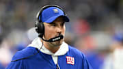 Nov 23, 2025; Detroit, Michigan, USA; New York Giants interim head coach Mike Kafka looks on during the third quarter against the Detroit Lions at  Ford Field. Mandatory Credit: Lon Horwedel-Imagn Images