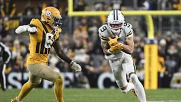 Oct 26, 2025; Pittsburgh, Pennsylvania, USA; Green Bay Packers wide receiver Christian Watson (9) makes a catch against Pittsburgh Steelers linebacker Patrick Queen (6) during the fourth quarter at Acrisure Stadium. Mandatory Credit: Barry Reeger-Imagn Images