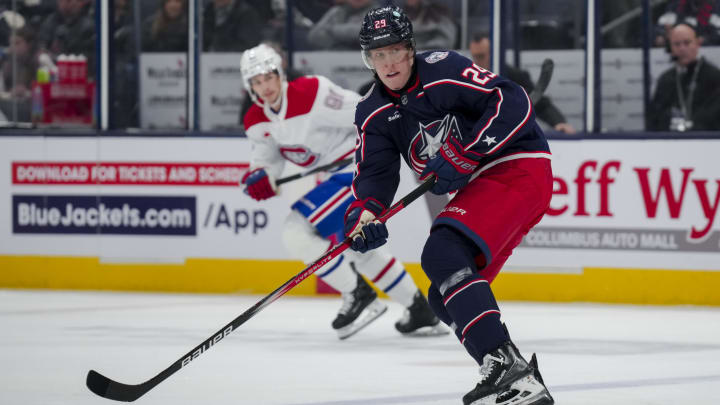 Nov 29, 2023; Columbus, Ohio, USA;  Columbus Blue Jackets right wing Patrik Laine (29) skates against the Montreal Canadiens in the first period at Nationwide Arena. Mandatory Credit: Aaron Doster-USA TODAY Sports