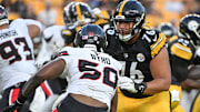 Aug 9, 2024; Pittsburgh, Pennsylvania, USA;  Pittsburgh Steelers offensive tackle Troy Fautanu (76) blocks Houston Texans defensive end Solomon Byrd (50) during the first quarter at Acrisure Stadium. Mandatory Credit: Barry Reeger-Imagn Images
