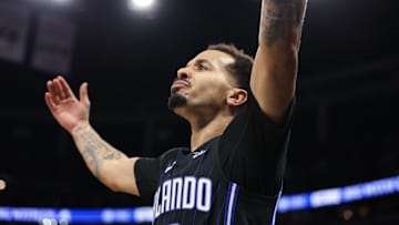 Orlando Magic guard Cole Anthony reacts after a called foul against the Miami Heat in the fourth quarter at Kia Center on December 21, 2024.