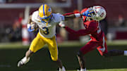 Nov 1, 2025; Stanford, California, USA; Pittsburgh Panthers wide receiver Cataurus Hicks (3) pushes Stanford Cardinal defensive back Sam Neely III (28) during the fourth quarter at Stanford Stadium. Mandatory Credit: John Hefti-Imagn Images