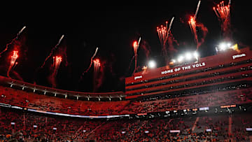 Fireworks go off after a NCAA football game between Tennessee Volunteers and New Mexico State Aggies at Neyland Stadium in Knoxville, Tenn., on Nov. 15, 2025.