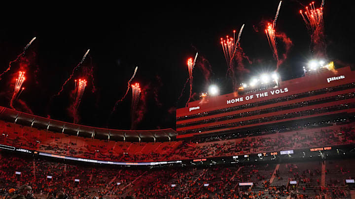 Fireworks go off after a NCAA football game between Tennessee Volunteers and New Mexico State Aggies at Neyland Stadium in Knoxville, Tenn., on Nov. 15, 2025.