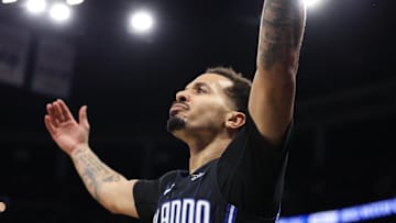 Dec 21, 2024; Orlando, Florida, USA; Orlando Magic guard Cole Anthony (50) reacts after a called foul against the Miami Heat in the fourth quarter at Kia Center. Mandatory Credit: Nathan Ray Seebeck-Imagn Images