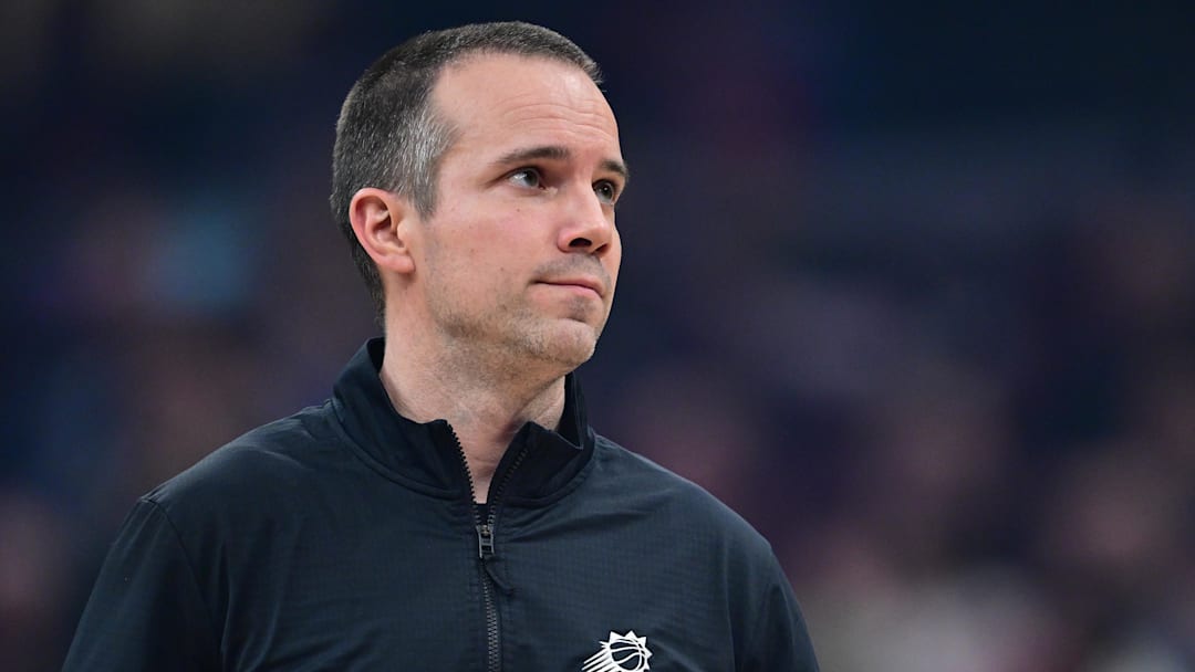 Dec 31, 2025; Cleveland, Ohio, USA; Phoenix Suns head coach Jordan Ott reacts after calling a time out during the first half against the Cleveland Cavaliers at Rocket Arena. Mandatory Credit: David Dermer-Imagn Images