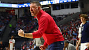 Mar 1, 2025; Oxford, Mississippi, USA; Mississippi Rebels head coach Chris Beard reacts during the first half against the Oklahoma Sooners at The Sandy and John Black Pavilion at Ole Miss. Mandatory Credit: Petre Thomas-Imagn Images