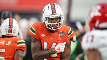 Dec 28, 2023; Bronx, NY, USA; Miami Hurricanes wide receiver Isaiah Horton (16) reacts during the first half of the 2023 Pinstripe Bowl against the Rutgers Scarlet Knight at Yankee Stadium. Mandatory Credit: Vincent Carchietta-USA TODAY Sports