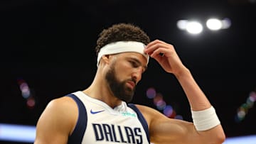 Oct 26, 2024; Phoenix, Arizona, USA; Dallas Mavericks guard Klay Thompson (31) reacts against the Phoenix Suns at Footprint Center. Mandatory Credit: Mark J. Rebilas-Imagn Images