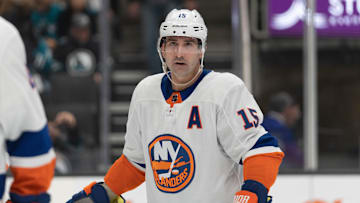 Mar 7, 2024; San Jose, California, USA;  New York Islanders right wing Cal Clutterbuck (15) during the second period against the San Jose Sharks at SAP Center at San Jose. Mandatory Credit: Stan Szeto-Imagn Images