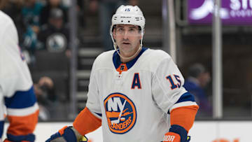 Mar 7, 2024; San Jose, California, USA;  New York Islanders right wing Cal Clutterbuck (15) during the second period against the San Jose Sharks at SAP Center at San Jose. Mandatory Credit: Stan Szeto-Imagn Images