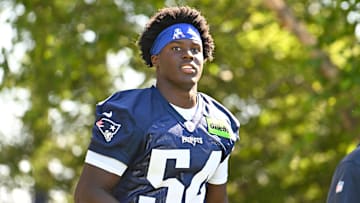 Jul 23, 2025; Foxborough, MA, USA; New England Patriots defensive end Truman Jones (54) walks to the practice fields for training camp at Gillette Stadium. Mandatory Credit: Eric Canha-Imagn Images