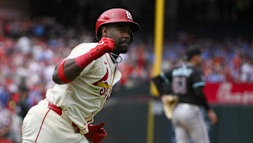 May 24, 2025; St. Louis, Missouri, USA;  St. Louis Cardinals right fielder Jordan Walker (18) reacts after hitting a go-ahead one run single off of Arizona Diamondbacks relief pitcher Justin Martinez (not pictured) during the eighth inning at Busch Stadium. Mandatory Credit: Jeff Curry-Imagn Images