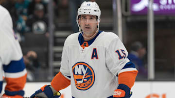 Mar 7, 2024; San Jose, California, USA;  New York Islanders right wing Cal Clutterbuck (15) during the second period against the San Jose Sharks at SAP Center at San Jose. Mandatory Credit: Stan Szeto-Imagn Images