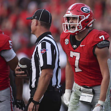 Oct 18, 2025; Athens, Georgia, USA;  Georgia Bulldogs tight end Lawson Luckie (7) reacts against the Mississippi Rebels during the second half of the game at Sanford Stadium. Mandatory Credit: Brett Davis-Imagn Images