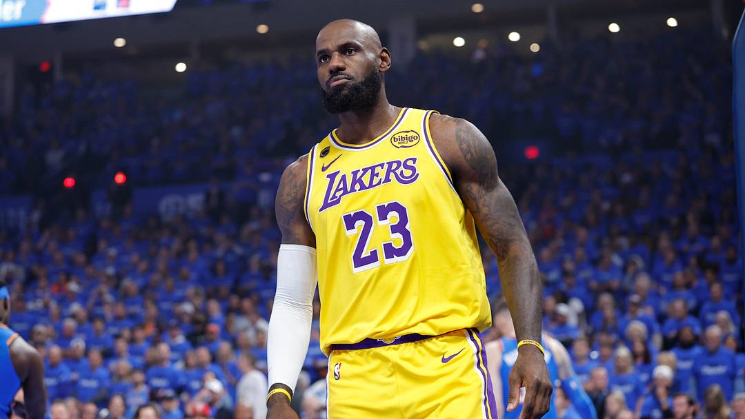 May 5, 2026; Oklahoma City, Oklahoma, USA; Los Angeles Lakers forward LeBron James (23) looks towards his bench after a play against the Oklahoma City Thunder in the first half during game one of the second round of the 2026 NBA Playoffs at Paycom Center. Mandatory Credit: Alonzo Adams-Imagn Images May 5, 2026; Oklahoma City, Oklahoma, USA; Los Angeles Lakers forward LeBron James (23) looks towards his bench after a play against the Oklahoma City Thunder in the first half during game one of the second round of the 2026 NBA Playoffs at Paycom Center. Mandatory Credit: Alonzo Adams-Imagn Images