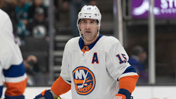 Mar 7, 2024; San Jose, California, USA;  New York Islanders right wing Cal Clutterbuck (15) during the second period against the San Jose Sharks at SAP Center at San Jose. Mandatory Credit: Stan Szeto-Imagn Images