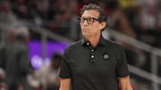 Apr 18, 2025; Atlanta, Georgia, USA; Atlanta Hawks head coach Quin Snyder shown during a time out during the game against the Miami Heat during the first half at State Farm Arena. Mandatory Credit: Dale Zanine-Imagn Images