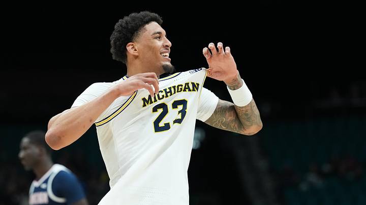 Nov 26, 2025; Las Vegas, NV, USA; Michigan Wolverines forward Yaxel Lendeborg (23) reacts in the second half against the Gonzaga Bulldogs in the 2025 Players Era Festival championship game at MGM Grand Garden Arena. Mandatory Credit: Kirby Lee-Imagn Images