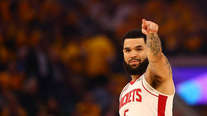 Apr 28, 2025; San Francisco, California, USA; Houston Rockets guard Fred VanVleet (5) points during the first quarter of game four of the 2025 NBA Playoffs first round against the Golden State Warriors at Chase Center. Mandatory Credit: Kelley L Cox-Imagn Images