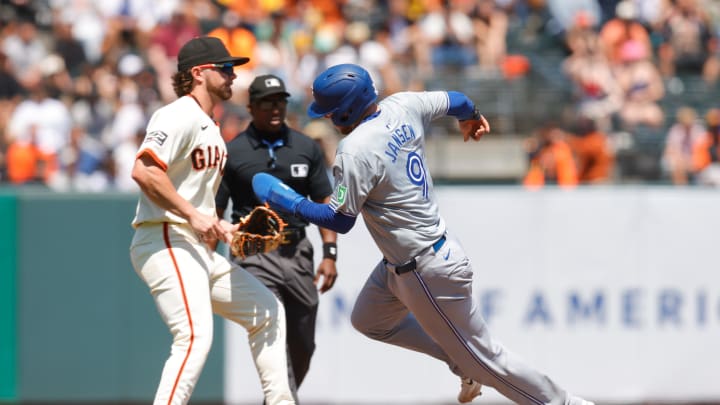 Toronto Blue Jays catcher Danny Jansen (9) advances to third base during the eighth inning against the San Francisco Giants at Oracle Park on July 11.