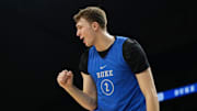 Duke's Cooper Flagg at a 2025 Final Four practice session.