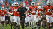 Oct 28, 2023; Miami Gardens, Florida, USA; Miami Hurricanes head coach Mario Cristobal takes on the field prior to the game against the Virginia Cavaliers at Hard Rock Stadium. Mandatory Credit: Sam Navarro-USA TODAY Sports