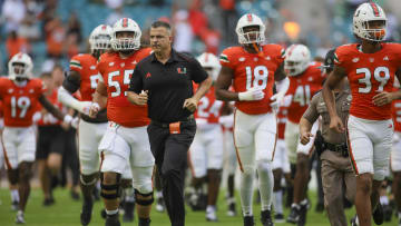 Oct 28, 2023; Miami Gardens, Florida, USA; Miami Hurricanes head coach Mario Cristobal takes on the field prior to the game against the Virginia Cavaliers at Hard Rock Stadium. Mandatory Credit: Sam Navarro-USA TODAY Sports