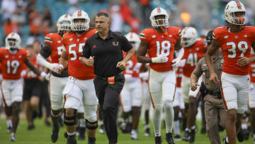 Oct 28, 2023; Miami Gardens, Florida, USA; Miami Hurricanes head coach Mario Cristobal takes on the field prior to the game against the Virginia Cavaliers at Hard Rock Stadium. Mandatory Credit: Sam Navarro-USA TODAY Sports