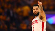 Apr 28, 2025; San Francisco, California, USA; Houston Rockets guard Fred VanVleet (5) points during the first quarter of game four of the 2025 NBA Playoffs first round against the Golden State Warriors at Chase Center. Mandatory Credit: Kelley L Cox-Imagn Images