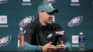 May 28, 2025; Philadelphia, PA, USA;  Philadelphia Eagles offensive coordinator Kevin Patullo speaks with the media at NovaCare Complex. Mandatory Credit: Bill Streicher-Imagn Images