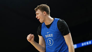 Apr 4, 2025; San Antonio, TX, USA; Duke basketball guard Cooper Flagg (2) during a practice session for the Final Four of the 2025 NCAA tournament at Alamodome.
