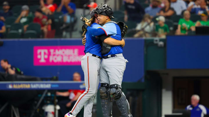 Jul 13, 2024; Arlington, TX, USA; National League Future  pitcher Bubba Chandler (l) hugs National League Future catcher Thayron Liranzo (r) after the game against the American League Future team during the Major league All-Star Futures game at Globe Life Field.  