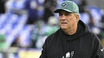 Dec 1, 2024; Baltimore, Maryland, USA;  Philadelphia Eagles defensive coordinator Vic Fangio on the field before the game  against the Baltimore Ravens at M&T Bank Stadium. Mandatory Credit: Tommy Gilligan-Imagn Images