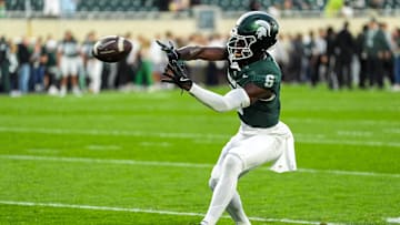 Michigan State Spartans wide receiver Nick Marsh (6) warms up before the NCAA football game against Ohio State University at Spartan Stadium in East Lansing, Saturday, Sept. 28, 2024.