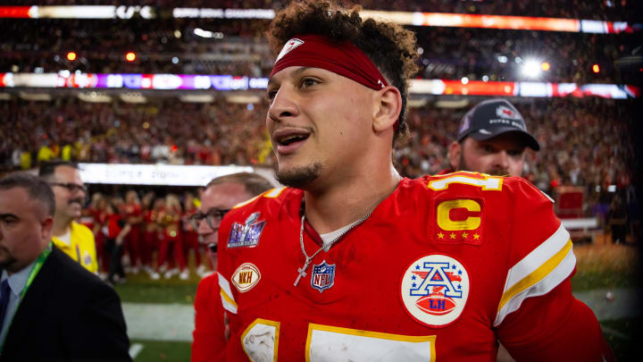 Feb 11, 2024; Paradise, Nevada, USA; Kansas City Chiefs quarterback Patrick Mahomes (15) celebrates after defeating the San Francisco 49ers in Super Bowl LVIII at Allegiant Stadium. Mandatory Credit: Mark J. Rebilas-USA TODAY Sports