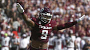 Texas A&M Aggies defensive end Cashius Howell reacts after a defensive play against the South Carolina Gamecocks 