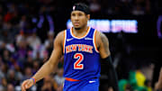 New York Knicks guard Miles McBride (2) walks towards the bench during the second quarter against the Sacramento Kings at Golden 1 Center. 