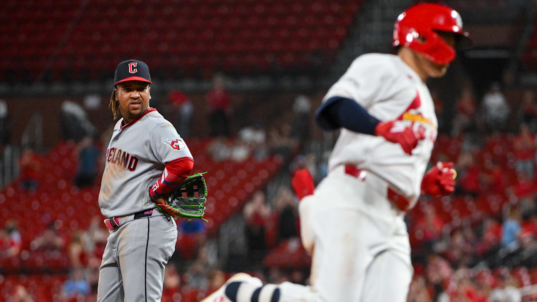 Apr 14, 2026: Cleveland Guardians third baseman José Ramírez (11) watches St. Louis Cardinals second baseman JJ Wetherholt (26) run the bases after hitting a two run home run for his second home run of the game during the eighth inning at Busch Stadium. 