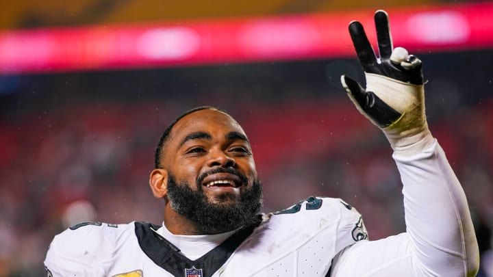 Nov 20, 2023; Kansas City, Missouri, USA; Philadelphia Eagles defensive end Brandon Graham (55) waves to fans after defeating the Kansas City Chiefs at GEHA Field at Arrowhead Stadium. Mandatory Credit: Jay Biggerstaff-USA TODAY Sports