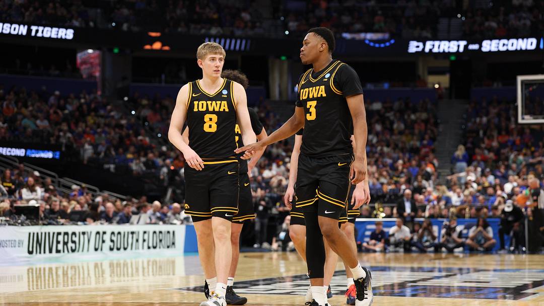 Mar 20, 2026; Tampa, FL, USA; Iowa Hawkeyes forward Cooper Koch (8) and forward Cam Manyawu (3) high five in between play during the second half against the Clemson Tigers during a first round game of the men's 2026 NCAA Tournament at Benchmark International Arena. Mandatory Credit: Nathan Ray Seebeck-Imagn Images Mar 20, 2026; Tampa, FL, USA; Iowa Hawkeyes forward Cooper Koch (8) and forward Cam Manyawu (3) high five in between play during the second half against the Clemson Tigers during a first round game of the men's 2026 NCAA Tournament at Benchmark International Arena. Mandatory Credit: Nathan Ray Seebeck-Imagn Images
