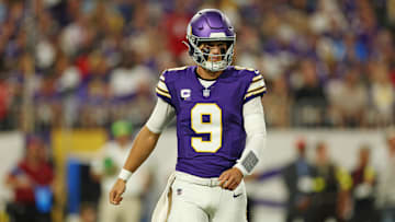 Sep 14, 2025; Minneapolis, Minnesota, USA; Minnesota Vikings quarterback J.J. McCarthy (9) reacts after a play during the first half against the Atlanta Falcons at U.S. Bank Stadium. Mandatory Credit: Matt Krohn-Imagn Images