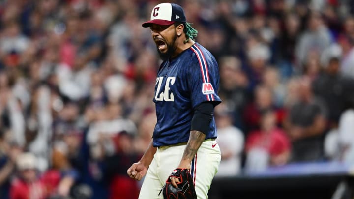 May 31, 2024; Cleveland, Ohio, USA; Cleveland Guardians relief pitcher Emmanuel Clase (48) reacts after striking out Washington Nationals left fielder Eddie Rosario (not pictured) to end the game at Progressive Field. Mandatory Credit: Ken Blaze-USA TODAY Sports