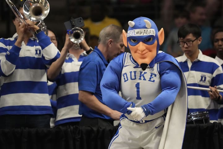 The Duke Blue Devils mascot strikes a pose during the game against the North Carolina Tar Heels.
