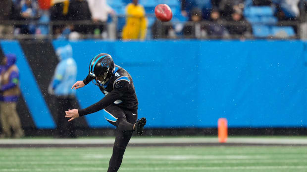 Carolina Panthers place kicker Eddy Pineiro (4) kicks off the first quarter.  Credit: Jim Dedmon-USA TODAY Sports