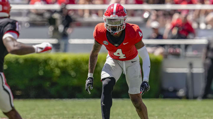 Apr 13, 2024; Athens, GA, USA; Georgia Bulldogs defensive back KJ Bolden (4) shown during the G-Day Game at Sanford Stadium. Mandatory Credit: Dale Zanine-USA TODAY Sports