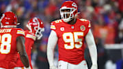 Jan 26, 2025; Kansas City, MO, USA;Kansas City Chiefs defensive tackle Chris Jones (95) reacts after a play against the Buffalo Bills during the first quarter in the AFC Championship game at GEHA Field at Arrowhead Stadium. Mandatory Credit: Mark J. Rebilas-Imagn Images
