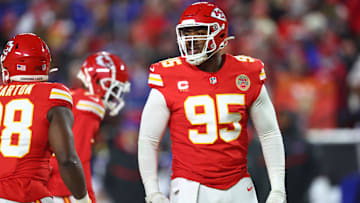 Jan 26, 2025; Kansas City, MO, USA;Kansas City Chiefs defensive tackle Chris Jones (95) reacts after a play against the Buffalo Bills during the first quarter in the AFC Championship game at GEHA Field at Arrowhead Stadium. Mandatory Credit: Mark J. Rebilas-Imagn Images